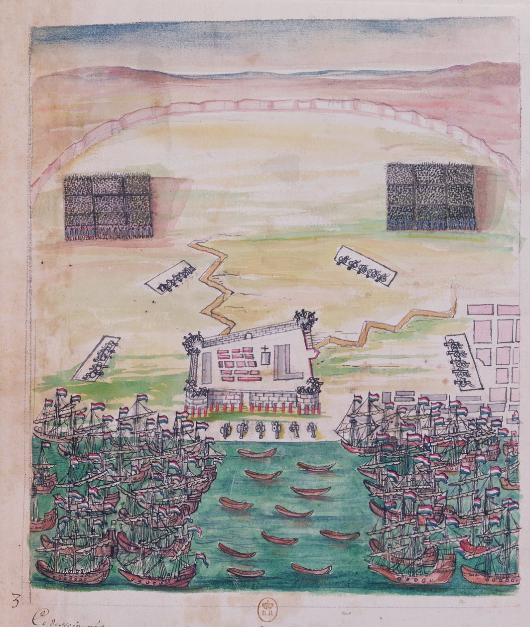 Holenderskie oblężenie Pondicherry w sierpniu 1693, ilustracja z dziennika podróży jezuickiego misjonarza (pióro i atrament oraz toaleta na papierze) autorstwa French School