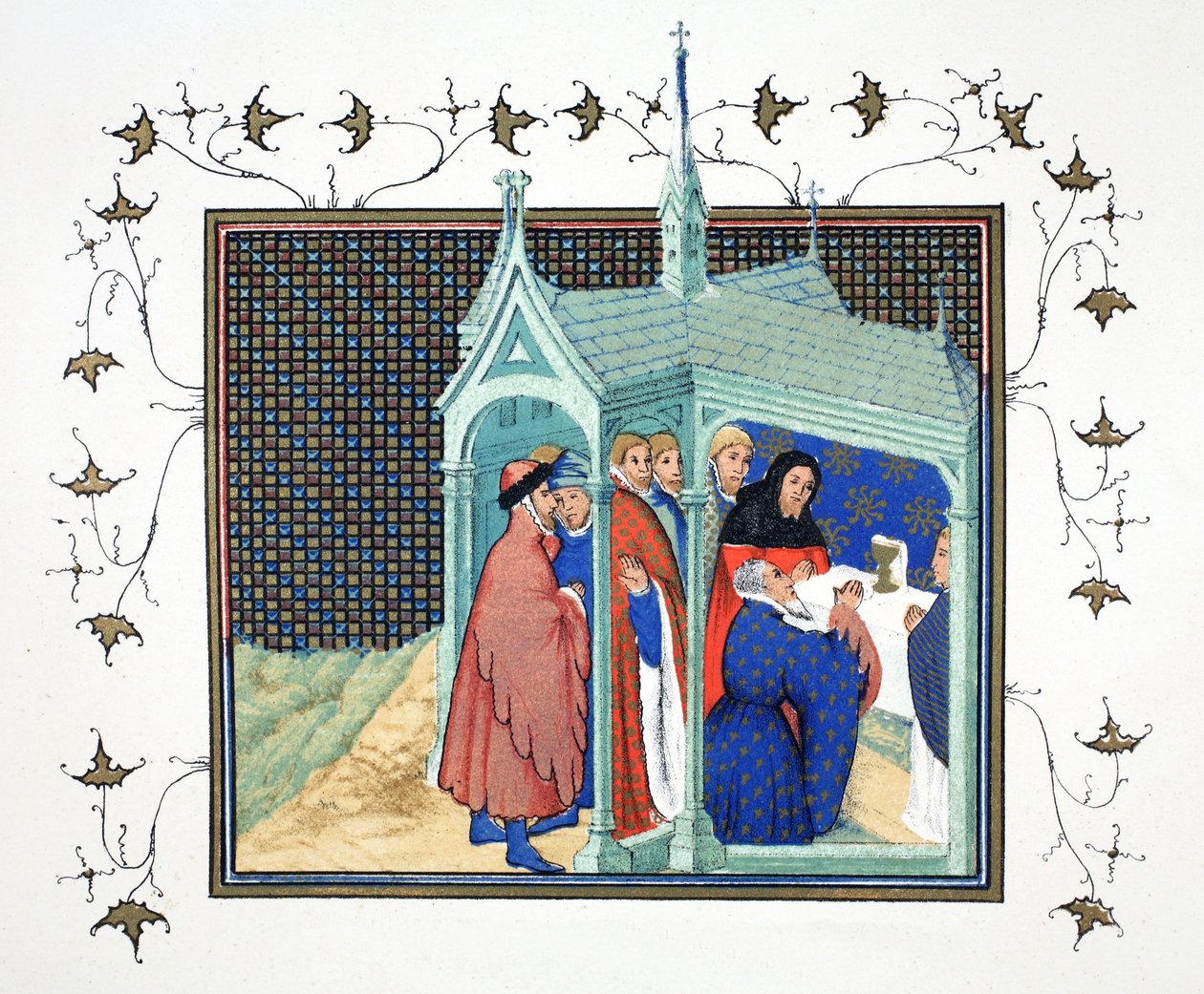 Hrabia Northumberland na mszy w kaplicy zamku Conway składa swoją zdradziecką i śmiertelną przysięgę, faksymile z Le Prinse et Mort du Roy Richart Jeana Cretona, przedruk z XIX wieku autorstwa French School