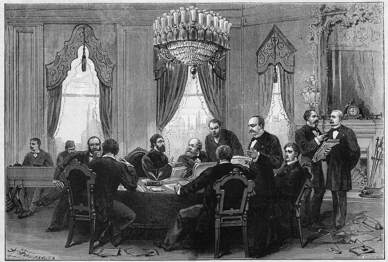 Wojna wschodnia (1875-1878) zwana także wojną rosyjsko-turecką (rosyjsko-turecką): dyplomaci spotkali się 23 grudnia na Konferencji Plenarnej Konstantynopola w Pałacu Admirautów autorstwa French School