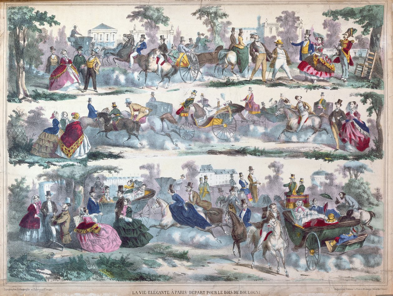Eleganckie życie w Paryżu – wyjazd do Lasku Bulońskiego, ok. 1860 r. autorstwa French School
