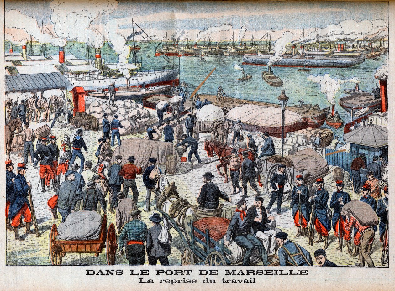 Koniec strajku w Marsylii, ilustracja z „Le petit Journal”, 23 października 1904 - W PORTIE MARSYLIA - Powrót do pracy - Po zbyt długich dniach bezrobotnych port w Marsylii w końcu wznowił działalność autorstwa French School
