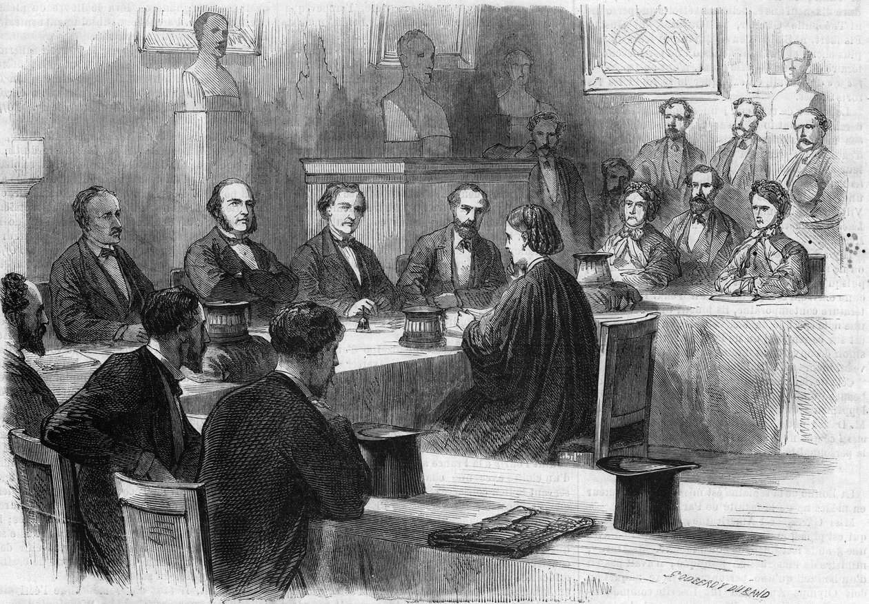 Angielka Elizabeth Garrett Anderson (1836-1917) przedstawiła ją przed jury Wydziału Lekarskiego w Paryżu w 1870 roku. Została pierwszą kobietą-lekarzem. Grawerowanie autorstwa Godefroy Duranda w „”The Illustrous World”” nr 689 z 25 czerwca autorstwa French School
