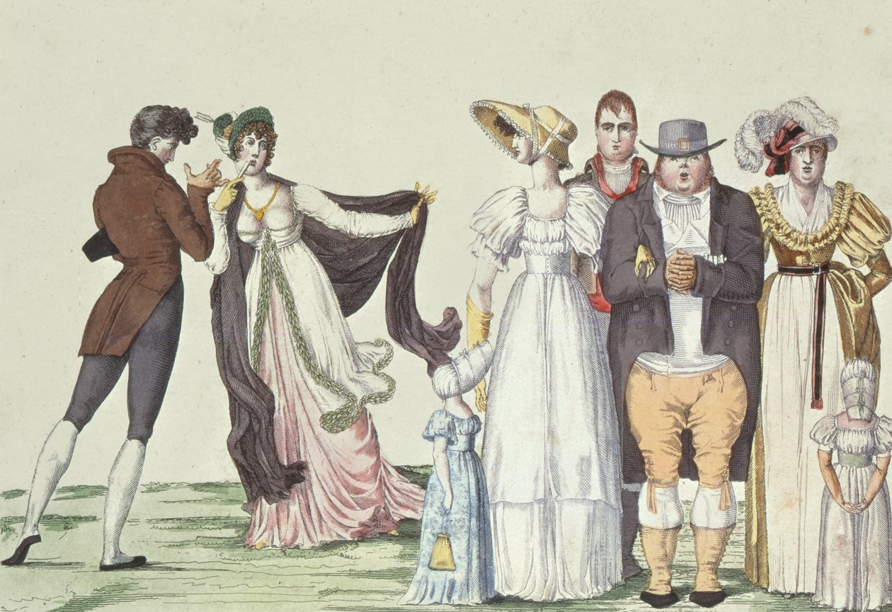 Rodzina angielska w Paryżu, ilustracja z Le Supreme Bon Ton, ok. 1815 r. autorstwa French School