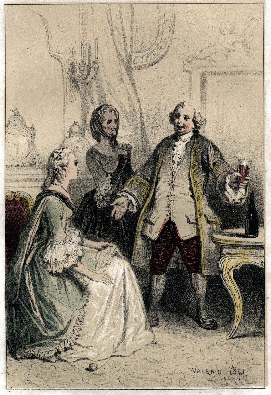 Angielski komik David Garrick (1717-1779), przebrany za trenera, wdarł się do księżnej chętnej, by spróbować ją wytłumaczyć i przekonać ją o absurdzie jej miłości do niego. ”” grawerowanie w dwóch sh autorstwa French School