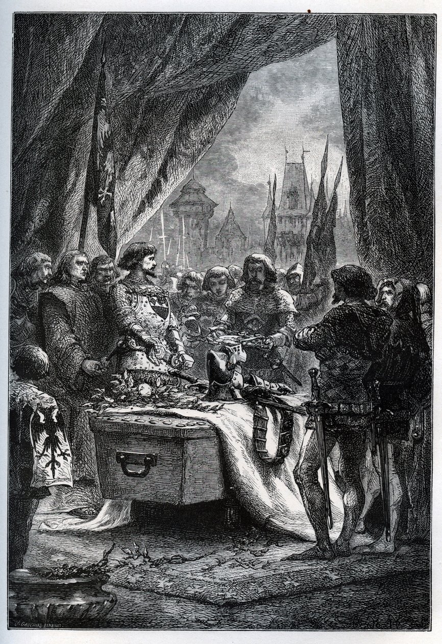 Angielski gubernator Chateauneuf de Randon (Chateauneuf-de-Randon, Owernia) poddał się i przybył, aby złożyć klucze do placu na trumnie Bertranda du Guesclin (1320-1380), przed którym 13 lipca 1380 r. obleganie. Le connetable die autorstwa French School