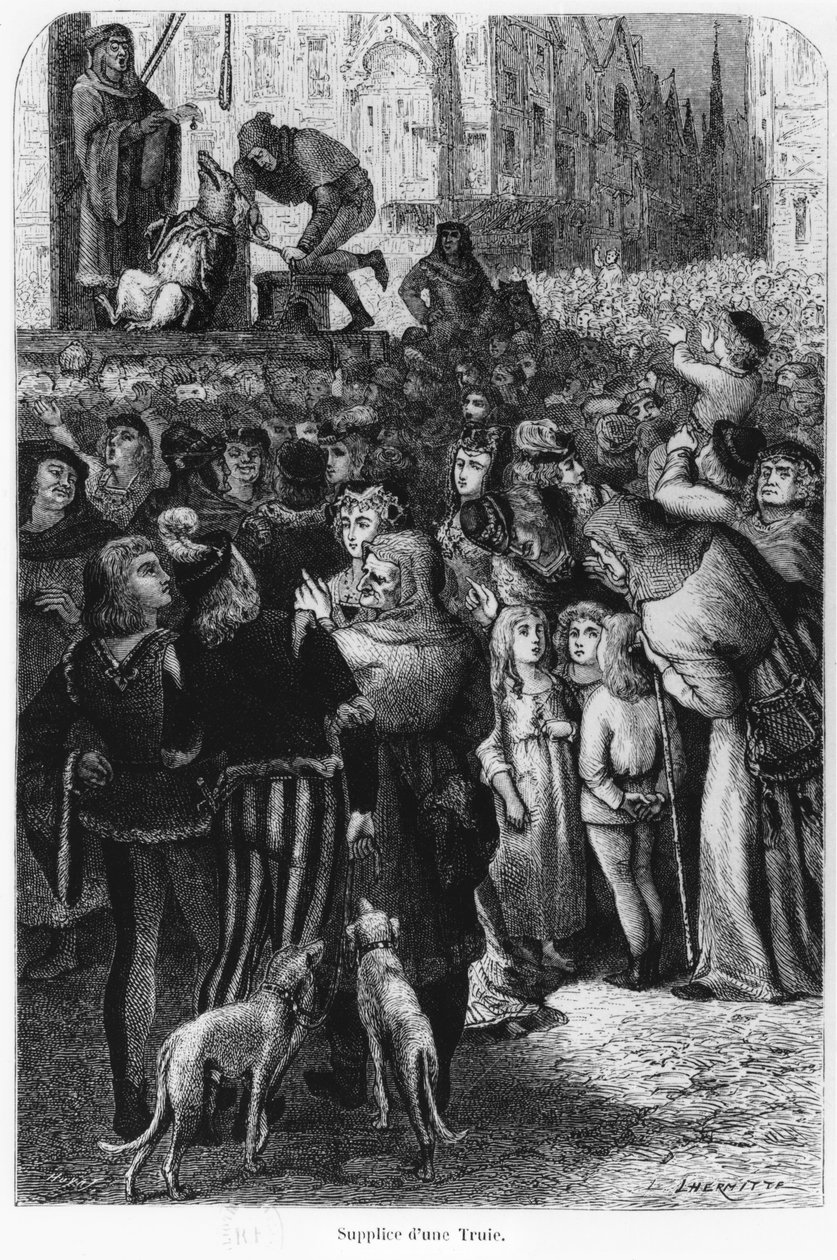 Egzekucja maciory z Falaise, ilustracja z Człowieka i bestii autorstwa A. Mangina, 1872 autorstwa French School