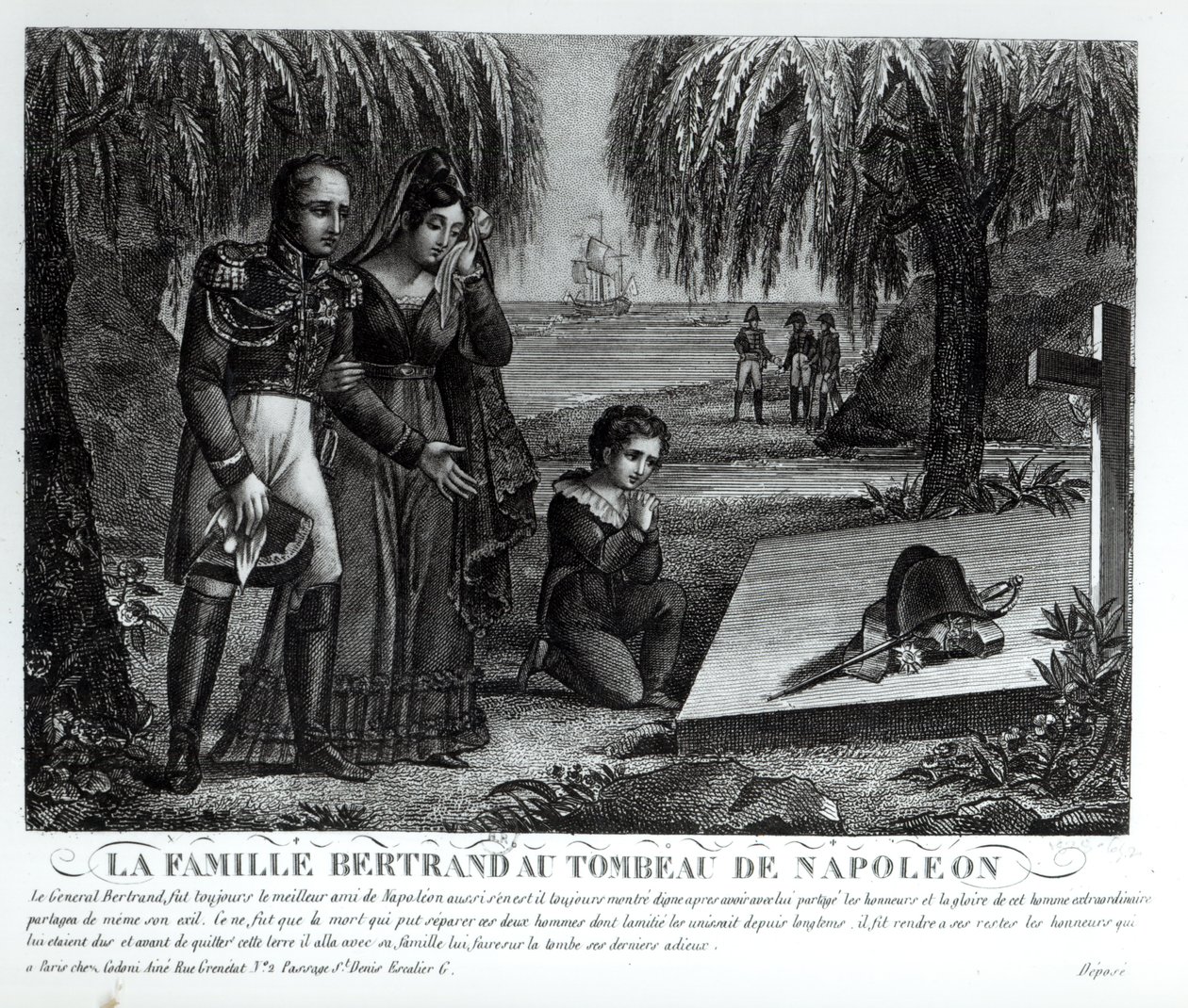Rodzina generała Henri-Gratien Bertranda (1773-1844) przy grobie Napoleona Bonaparte (1769-1821) 1821 (lit) (fot. bw) autorstwa French School