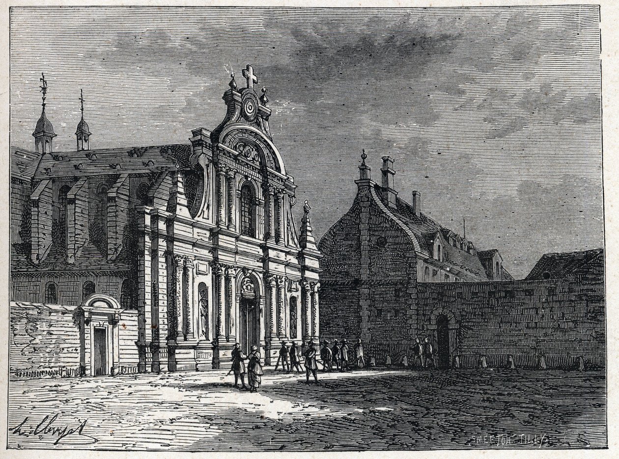 Klasztor Feuillants, miejsce spotkań Klubu Feuillants, rojalistycznej organizacji politycznej podczas rewolucji francuskiej. Rycina z 1889 r. Ze zbiorów prywatnych. autorstwa French School