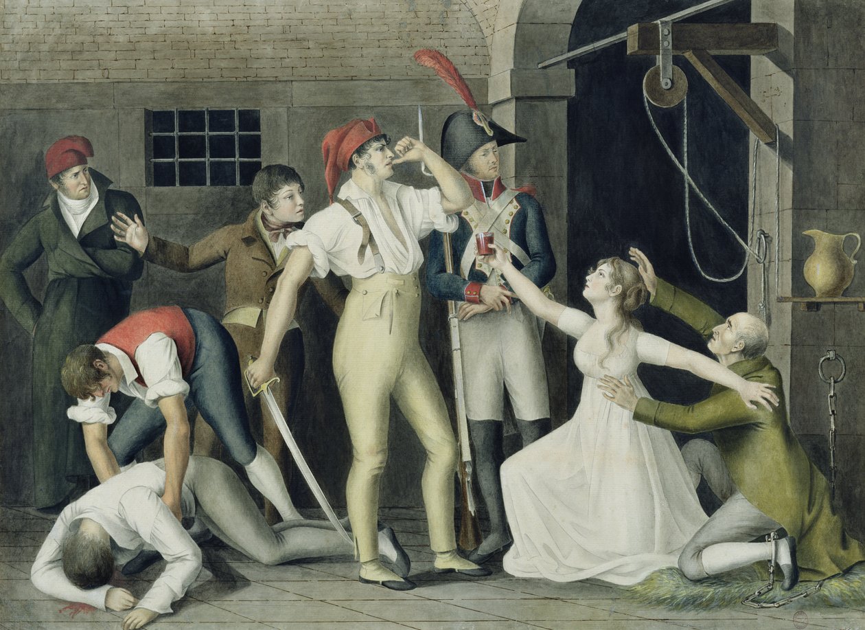 Synowskie i heroiczne nabożeństwo Madamemoiselle de Sombreuil we wrześniu 1792 r., ok. 1800 r. (pióro i atrament, toaleta i gwasz na papierze) autorstwa French School