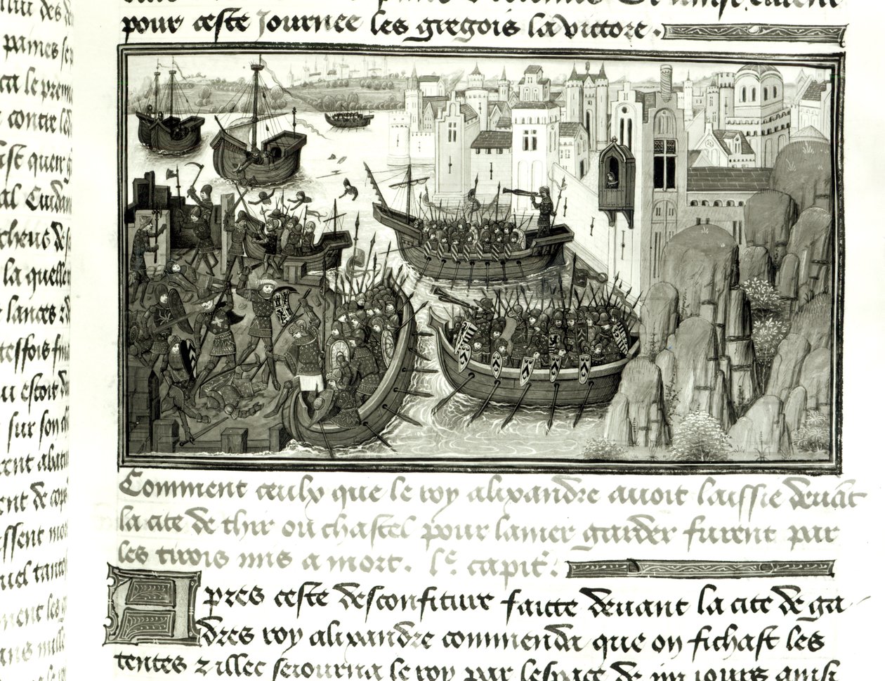 Pierwszy atak na Tyr, z Histoire du Grand Alexandre 1460 autorstwa French School