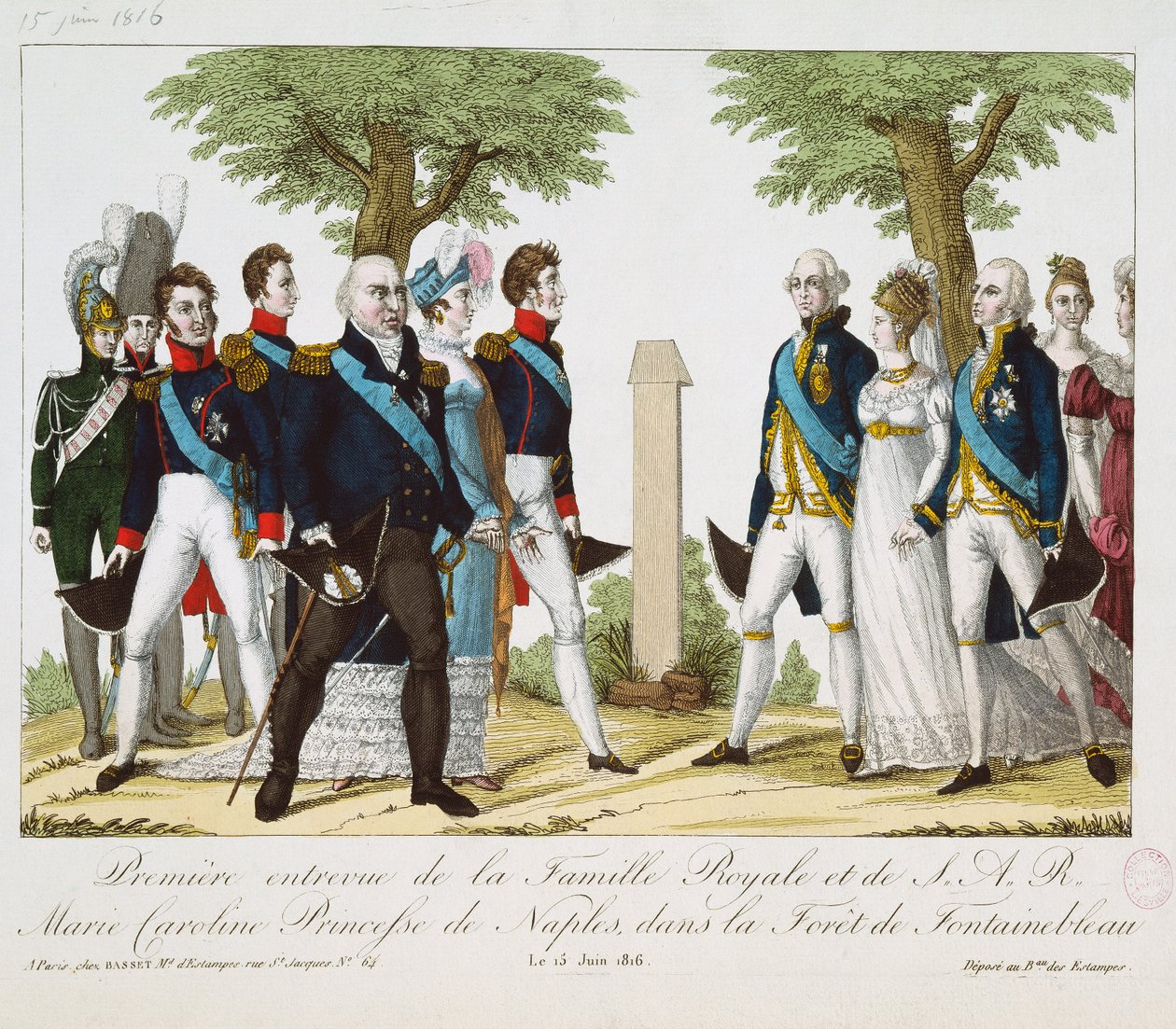 Pierwsze spotkanie Ludwika XVIII (1755-1824) z Marią Karoliną-Ferdynandą (1798-1870) z dynastii Burbonów, w Croix de St. Herem w Lesie Fontainebleau, 15 czerwca 1816 r., 1816-30 (rysunki barwne) autorstwa French School