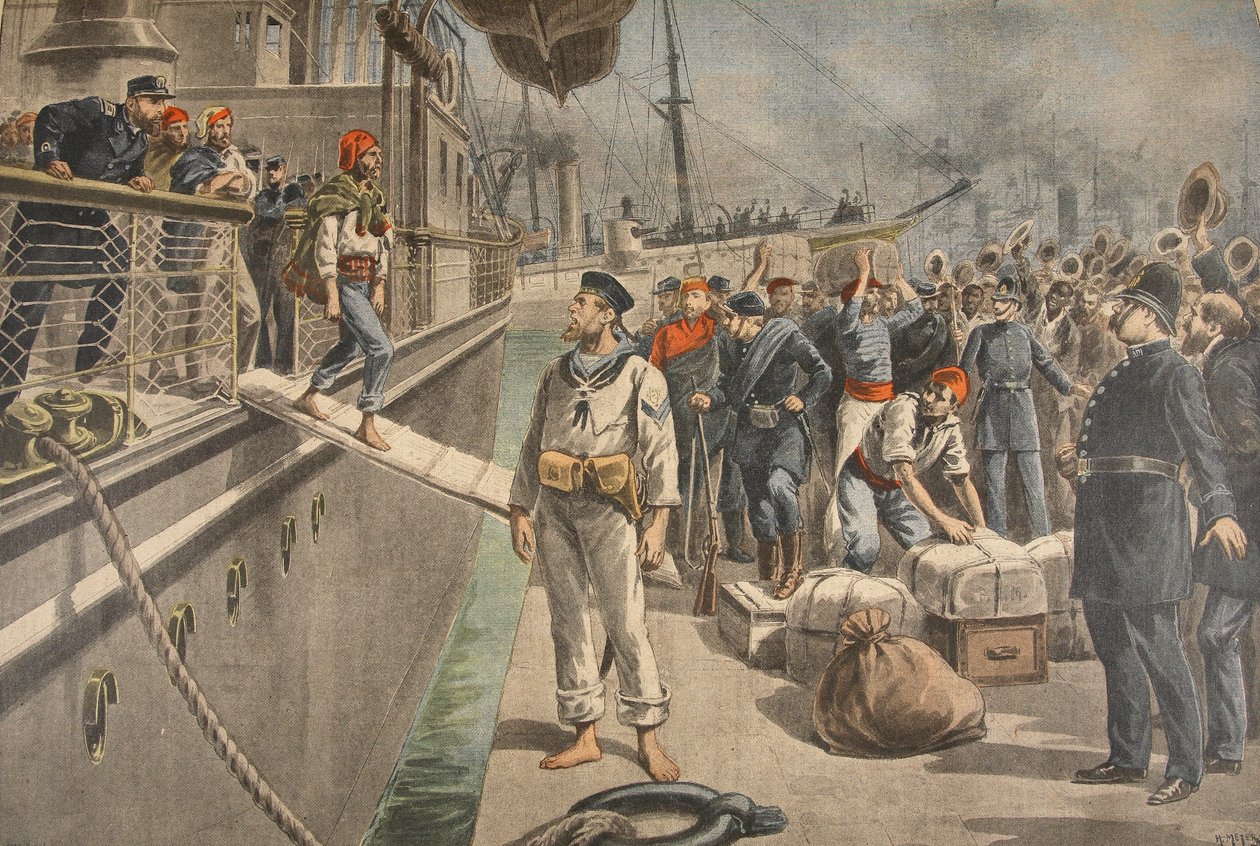 Pierwsi więźniowie w Key West podczas wojny hiszpańsko-amerykańskiej, ilustracja z Le Petit Journal: Supplement illustre, 8 maja 1898 autorstwa French School