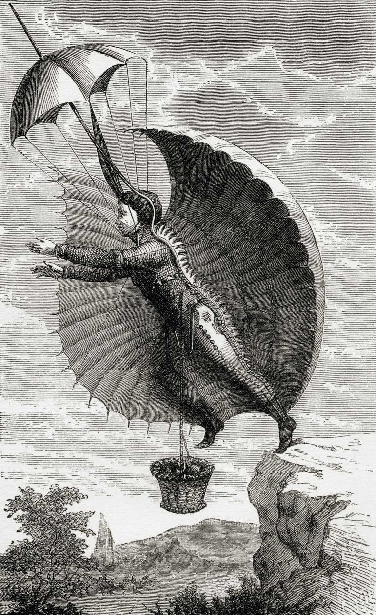 Latający człowiek, ryty według Nicolasa Edme Restifa de la Bretonne, z „Wonderful Balloon Ascents or the Conquest of the Skies”, autorstwa Fulgence Marion, opublikowanej ok. 1870 r. autorstwa French School
