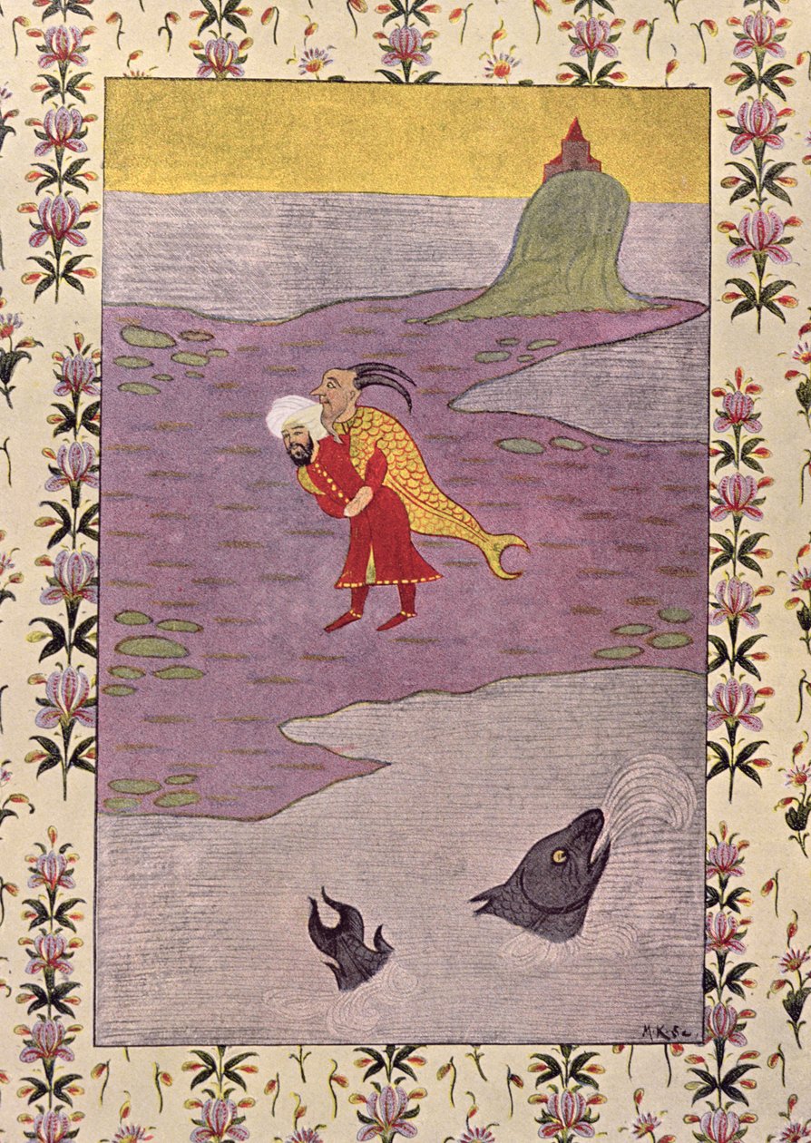 Czwarta podróż Sindbada, ilustracja do Sindbada Żeglarza, z "Arabskich nocy", 1895 (kolor grawerowany) autorstwa French School