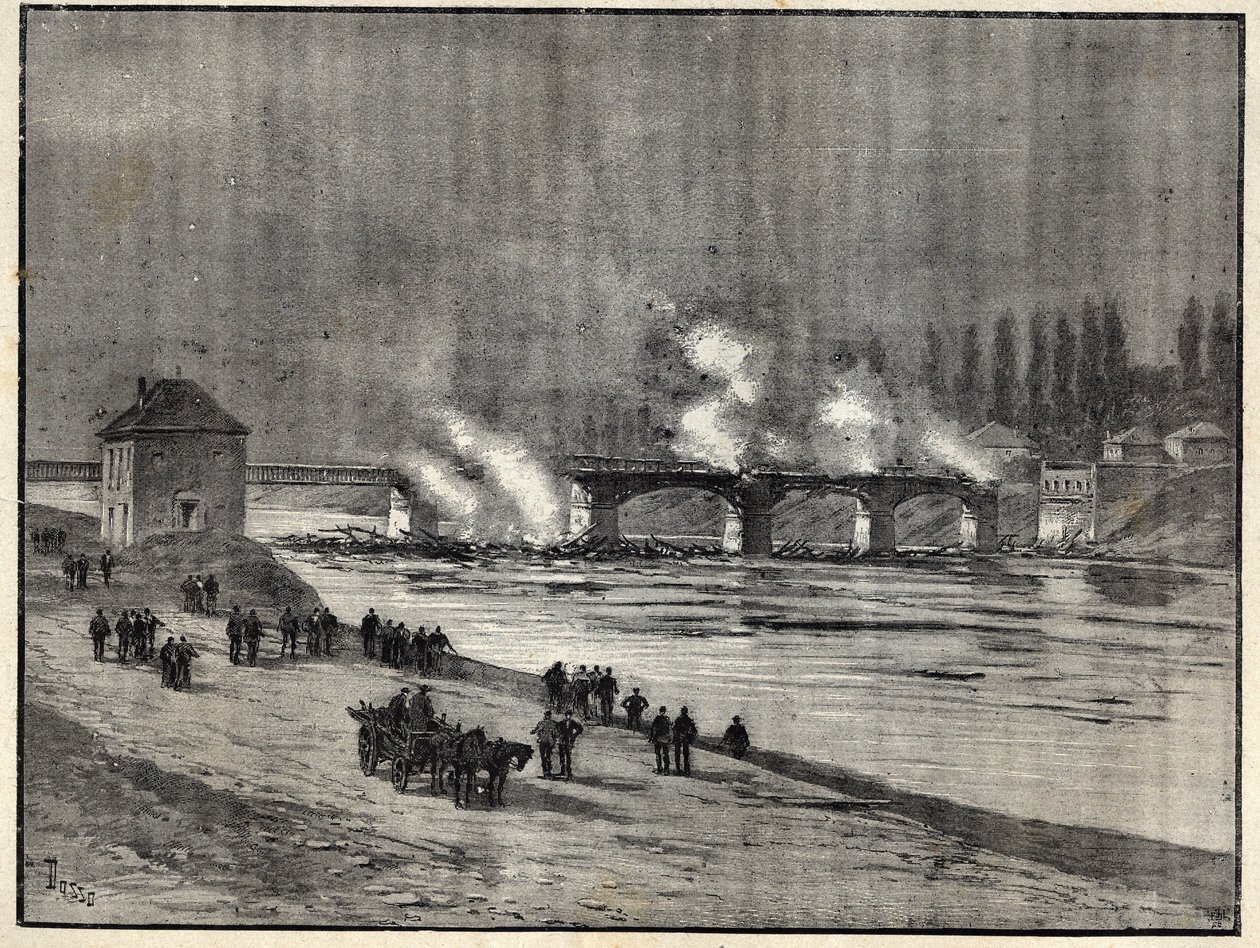 Wojna francusko-pruska - Obrona Paryża - spalenie mostu w Asnieres - Pożar mostu w Asnieres podczas oblężenia (obrony) Paryża Grawerowanie w „” Les combatants de 1870-71”” przez dowódcę Leonce Rousset (1850- 1938) - Wojna francusko-pruska - ( autorstwa French School