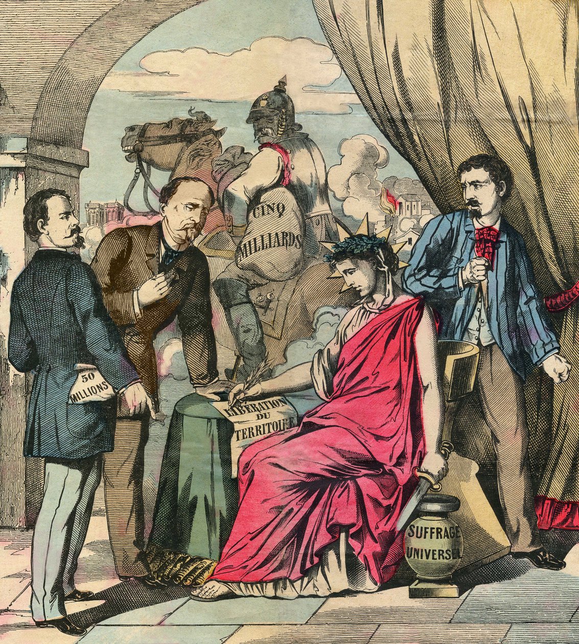 Traktat frankfurcki podpisany 10 maja 1871 r. zakończył wojnę francusko-niemiecką po negocjacjach między Adolphem Thiersem i Ottonem von Bismarckiem: Francja musiała odstąpić Alzację i część Lotaryngii oraz zapłacić 5 miliardów franków. Rycina w "Le Figaro autorstwa French School