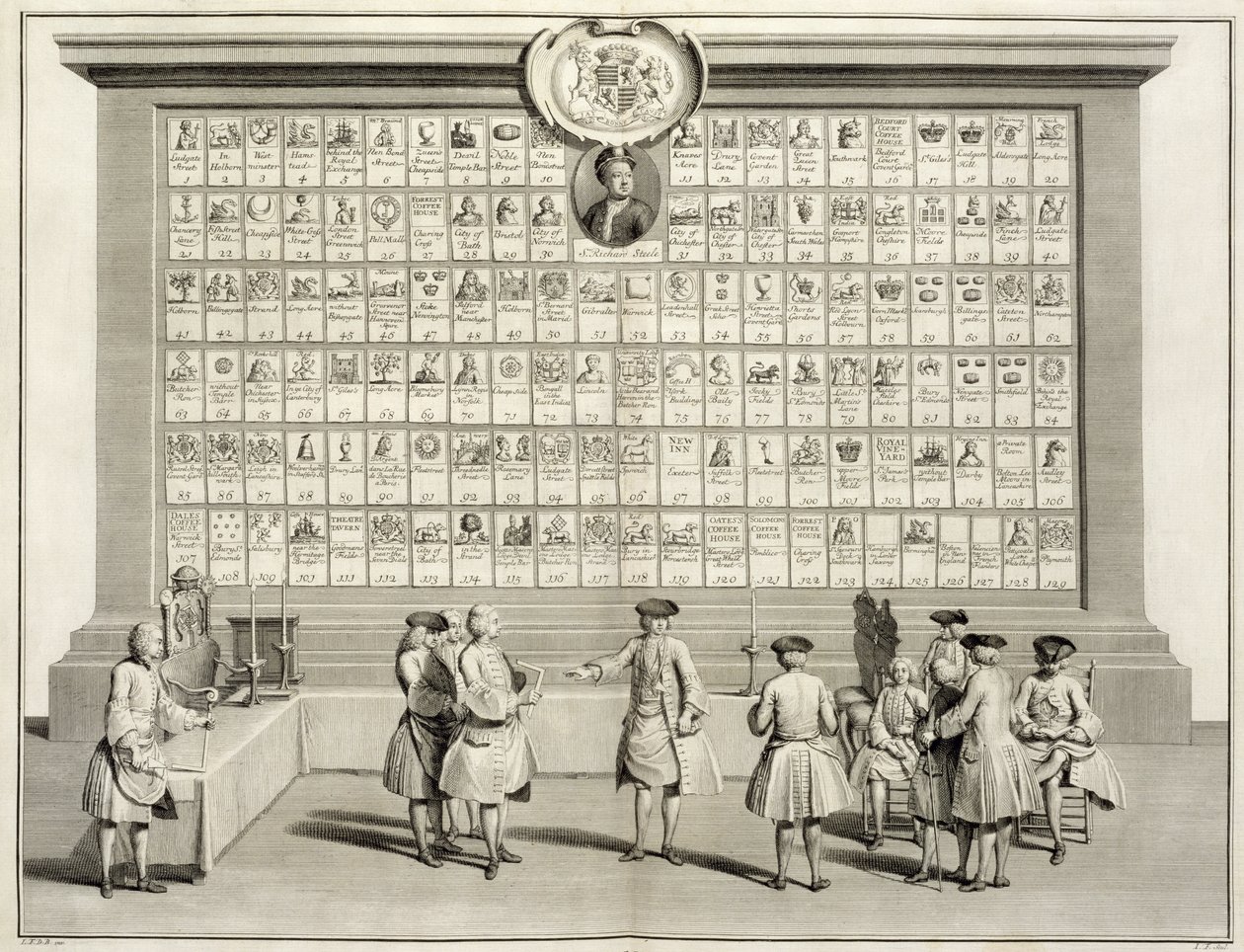 Wolni masoni, ze znakami dla różnych lóż, z Ceremonii religii i zwyczaju, c.1733 autorstwa French School