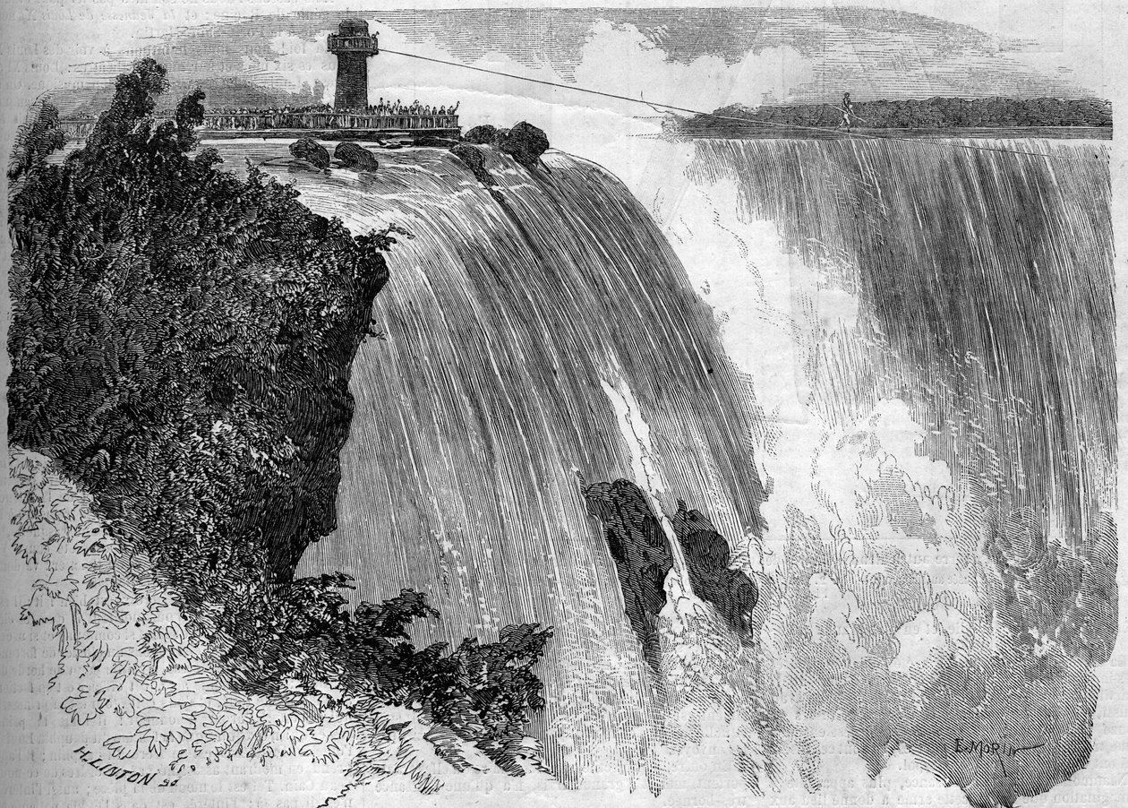 Francuski akrobata Blondin (Jean Francois Gravelet, dit) (1824-1897) przekraczający wodospad Niagara. Ze szkicu pana Philiberta. Grawer w „Le Monde Illustré” nr 127 z 17 września 1859 r. autorstwa French School
