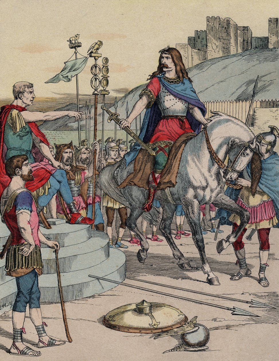 Wódz galijski Wercyngetoryks (72-46 p.n.e.) poddający się rzymskiemu wodzowi Juliuszowi Cezarowi (100-44 p.n.e.) po bitwie pod Alezją w 52 p.n.e. - „” Galijski przywódca Wercyngetoryks (72-46 pne) poddający się rzymskiemu wodzowi Julesowi Cezarowi (100-44  autorstwa French School