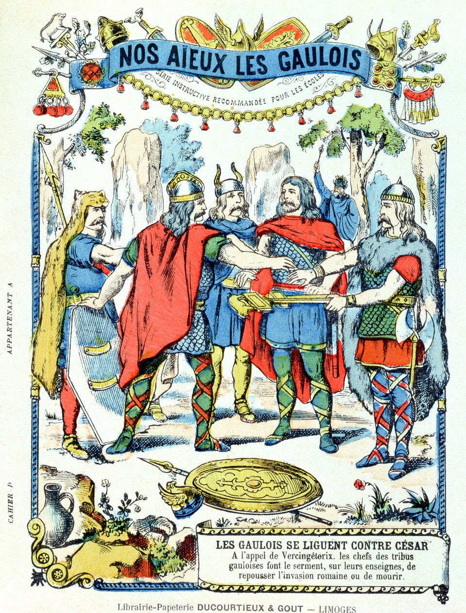 Galijscy przywódcy w lidze przeciwko Juliuszowi Cezarowi (100-44 pne) pod wodzą Wercyngetoryksa (zm. 46 pne) z rękawa ochronnego do podręczników szkolnych, koniec XIX wieku autorstwa French School