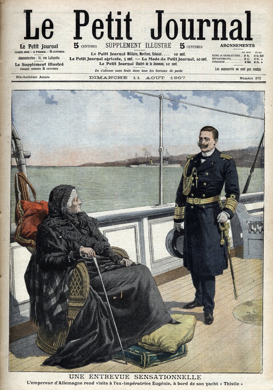 Cesarz Niemiec Wilhelm II (1859-1941) odwiedził dawną Eugenię cesarską (1826-1920) na swoim jachcie „Thistle”, „Le petit journal” le 11 sierpnia 1907 (rycina) autorstwa French School
