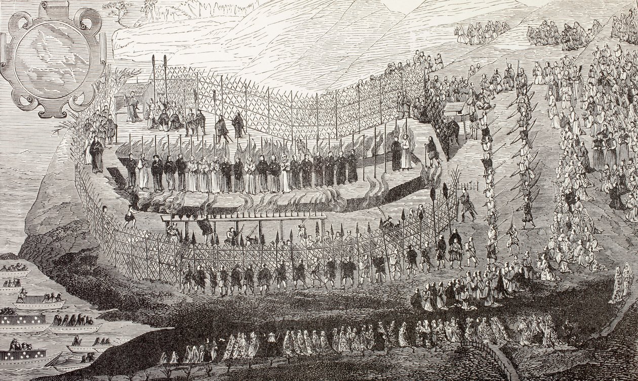 Wielkie męczeństwo Nagasaki, 1622, z książki Paula Lacroix „Życie wojskowe i religijne w średniowieczu”, opublikowane w Londynie ok. 1880 r. autorstwa French School