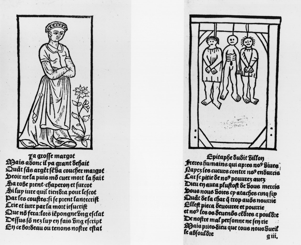 Grosse Margot i trzej wisielcy, z „Oeuvres” Francois Villon (1431-63) Pierre Levet, opublikowana 1489 autorstwa French School