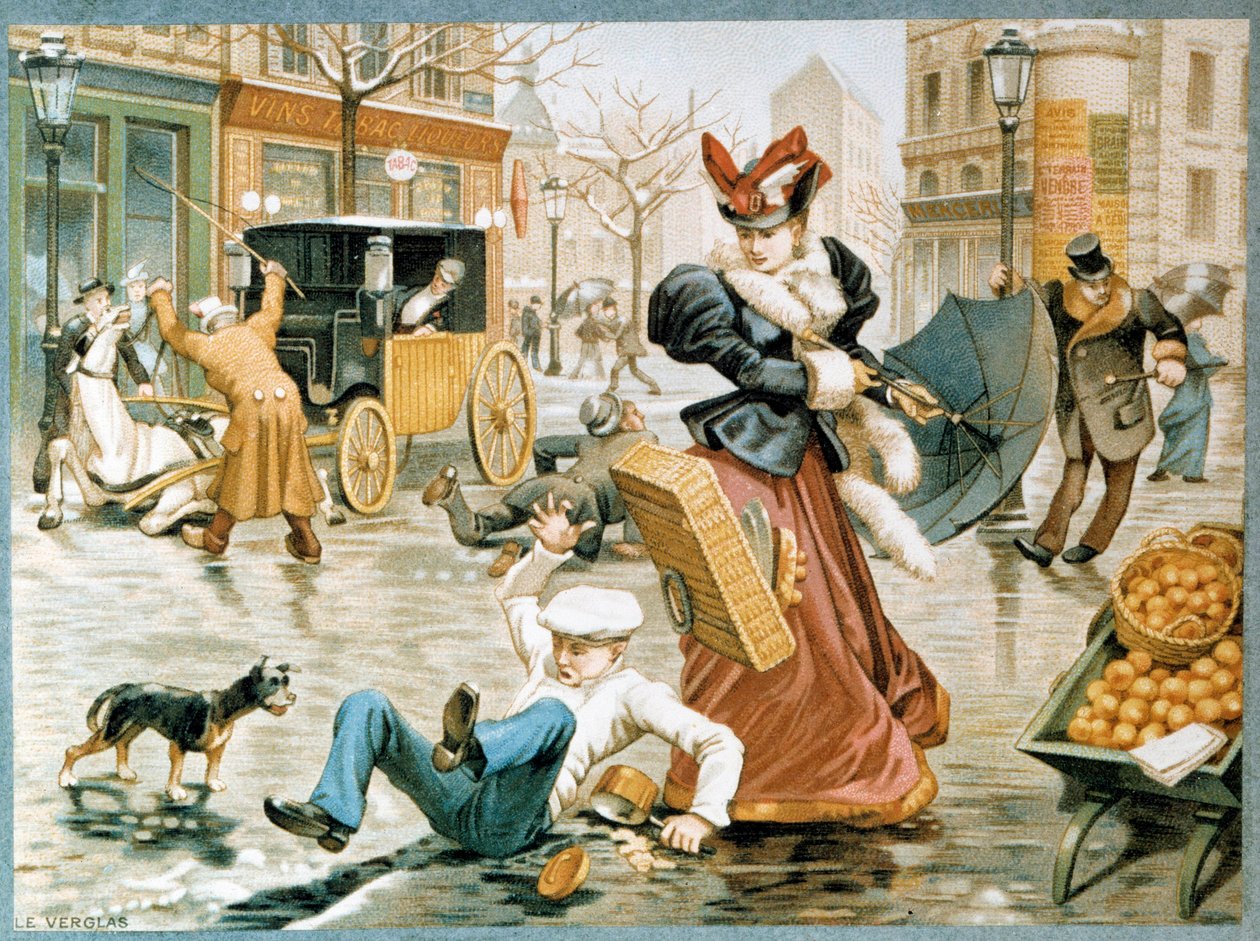 Scena lodowa de rue w Paryżu zimą, urzędnik ślizga się na desce podłogowej z powodu lodu, a także koń ciągnący powóz, XX wiek (chromolitografia) autorstwa French School
