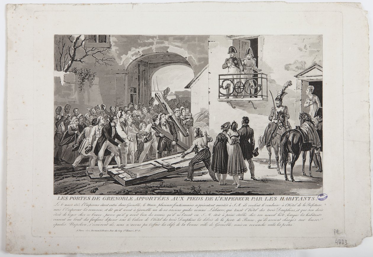 Mieszkańcy deponujący bramy Grenoble u stóp cesarza, 6 marca 1815, wyd. Martinet, 1815 autorstwa French School