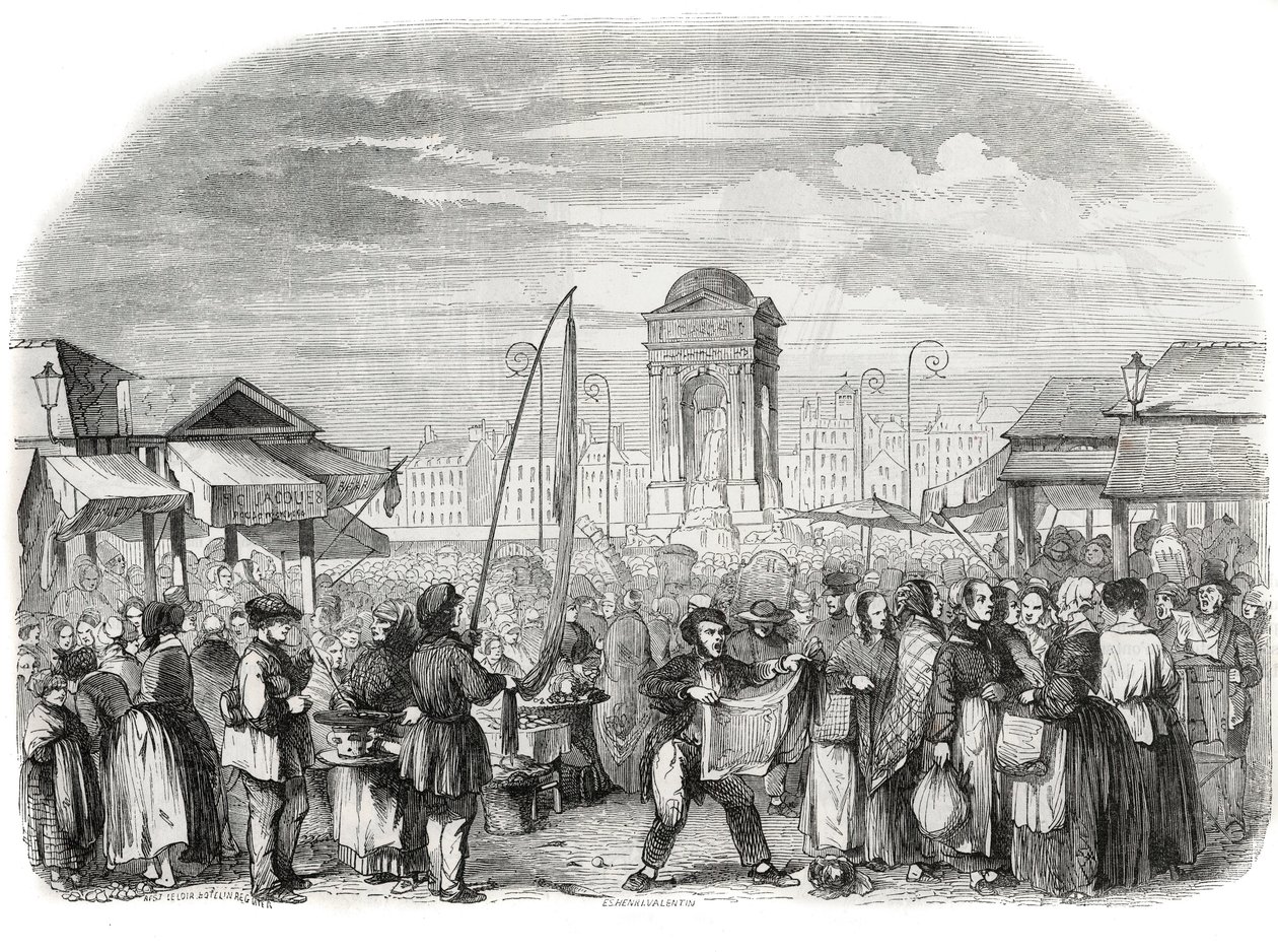Niewinni marsz w Paryżu z fontanną - Grawerowanie w „Tableau-de-Paris” Edmonda Texiera 1852 autorstwa French School