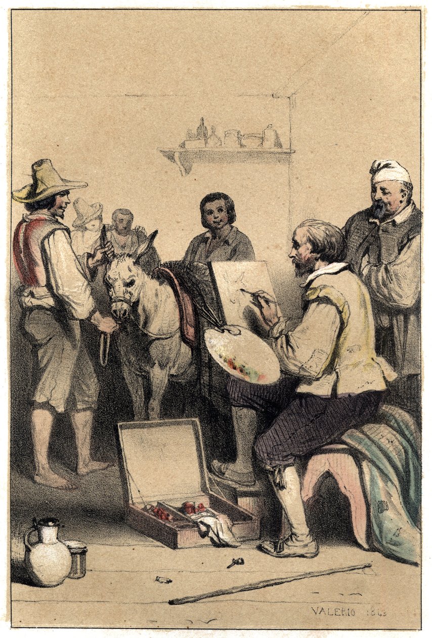 Włoski malarz Antonio Allegri (znany jako Correggio lub Le Correge 1489-1534), aprobuje, tworzy znak karczmy, aby zapłacić za posiłek Talerz zaczerpnięty z „”Sceny z życia sławnych ludzi”” grawer w dwóch kolorach przez Valerio. 1843. autorstwa French School