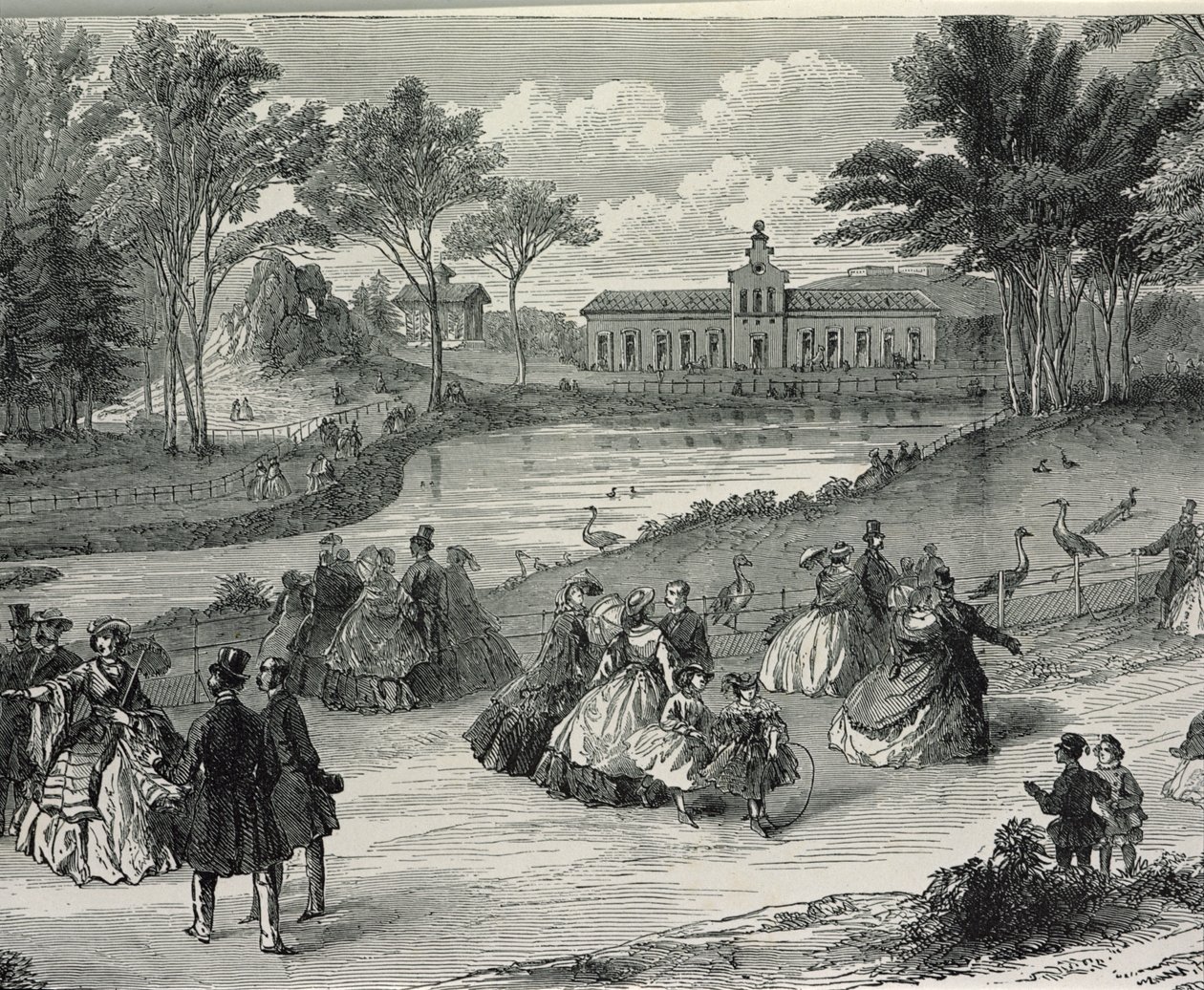 Jardin dAcclimatation, Paryż, 1855 (rycina bw) autorstwa French School
