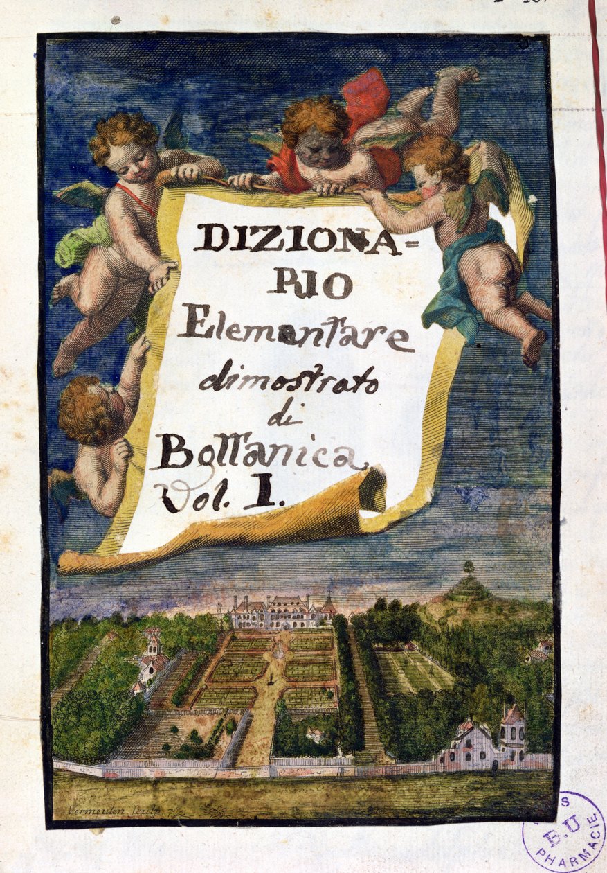 Jardin des Plantes w Paryżu, frontyspis z Dizionario Elementare dimostrato di Bottanica, tom I Istitutiones Rei Herbariae Josepha Pittona de Tournefort (1656-1708), wydanego w Paryżu, 1 autorstwa French School