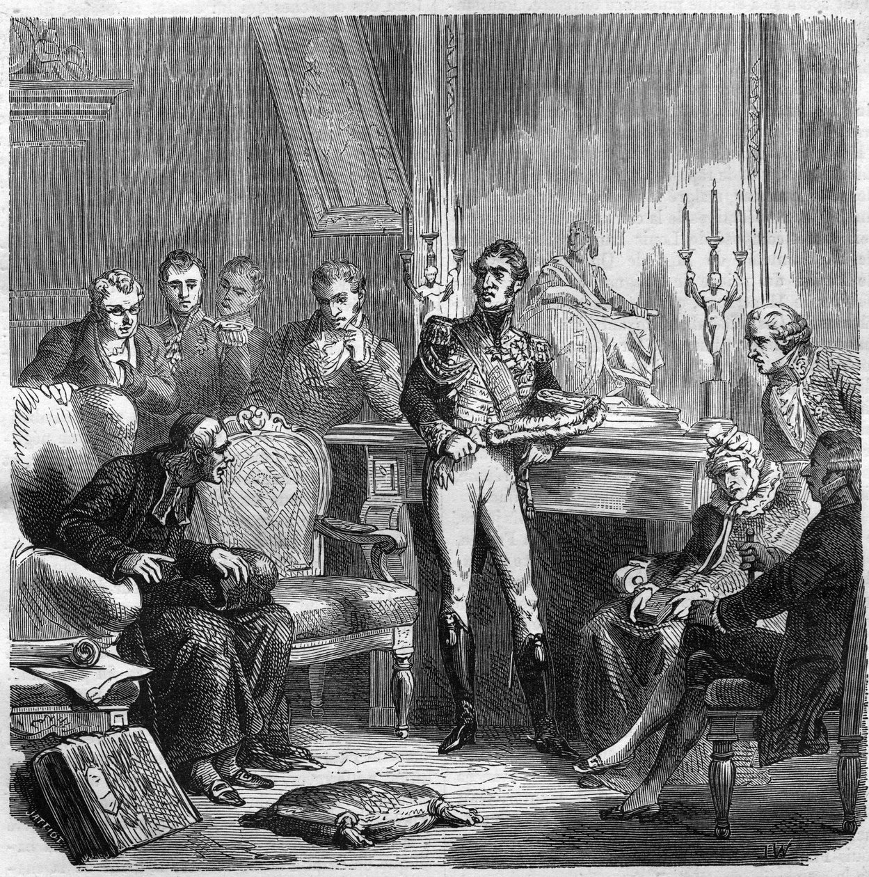 Jezuici na dworze króla Francji Karola X (1757-1836). Grawer w „Historii papieży-królów-królowych i cesarzy na przestrzeni wieków” autorstwa Maurice Lachatre autorstwa French School