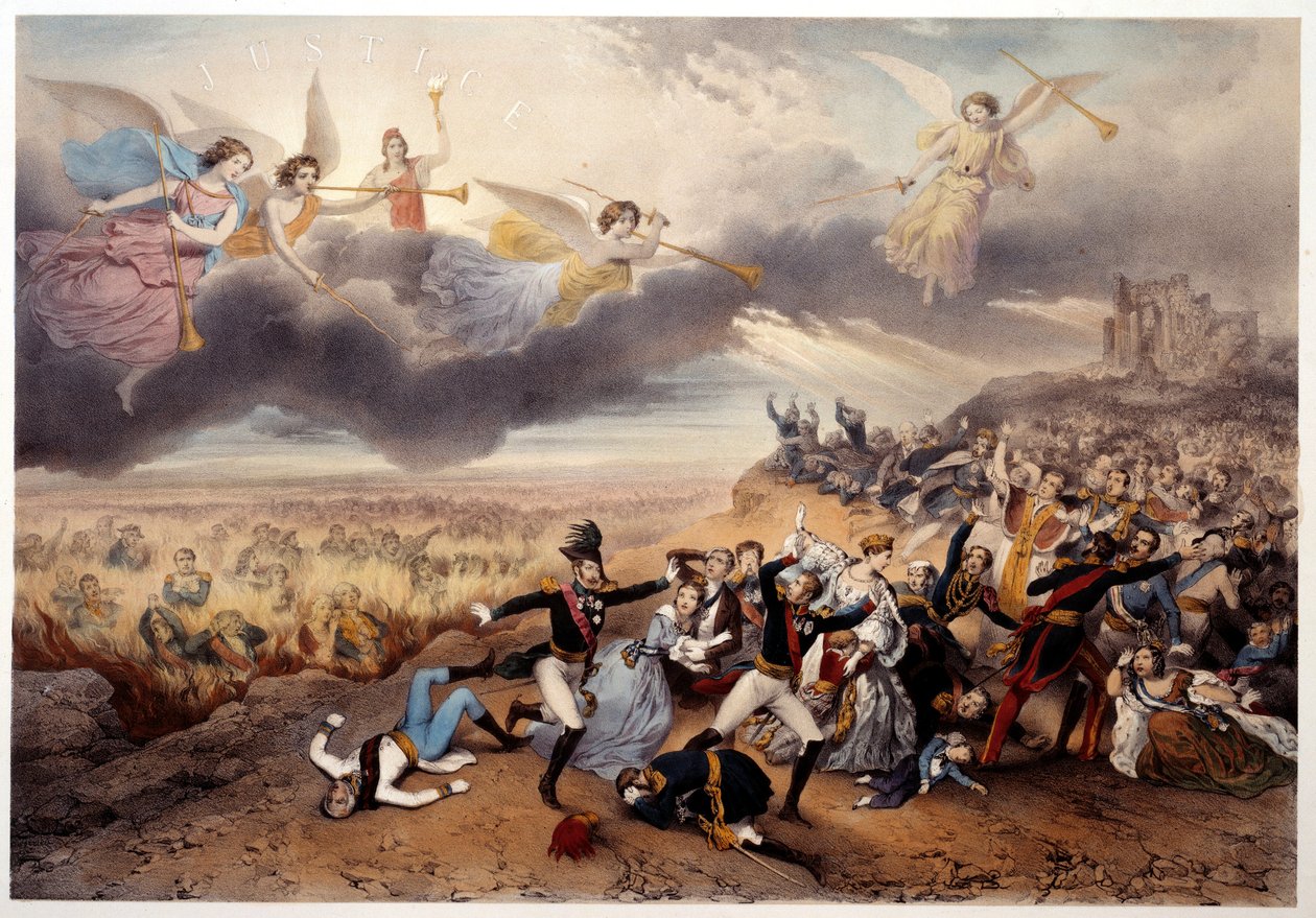 Sąd Boży Aniołowie Apokalipsy trąbią i ogłaszają Sąd Ostateczny, zanim monarchowie i inni bohaterowie francuskiej historii, Napoleon I i przedstawiciele Starego Reżimu, płoną w płomieniach piekła. Ilustracja wykonana autorstwa French School
