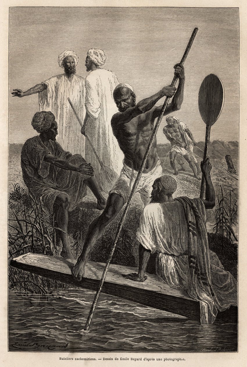 Kaszmirscy wioślarze, w okolicach Srinagar (Shrinagar), w pełnej pracy - Grawerowanie ilustrujące historię Pandjab i Kaszmiru, autorstwa Guillaume Lejean w 1866, opublikowane w „Le tour du monde” 1870-1871, pod redakcją Edouarda Charton, wydanie Hachette autorstwa French School
