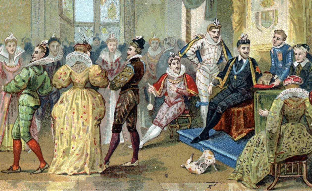 Król Francji Henryk III (1551-1589) otacza swoje ślicznotki. Chromolitografia z końca XIX wieku autorstwa French School