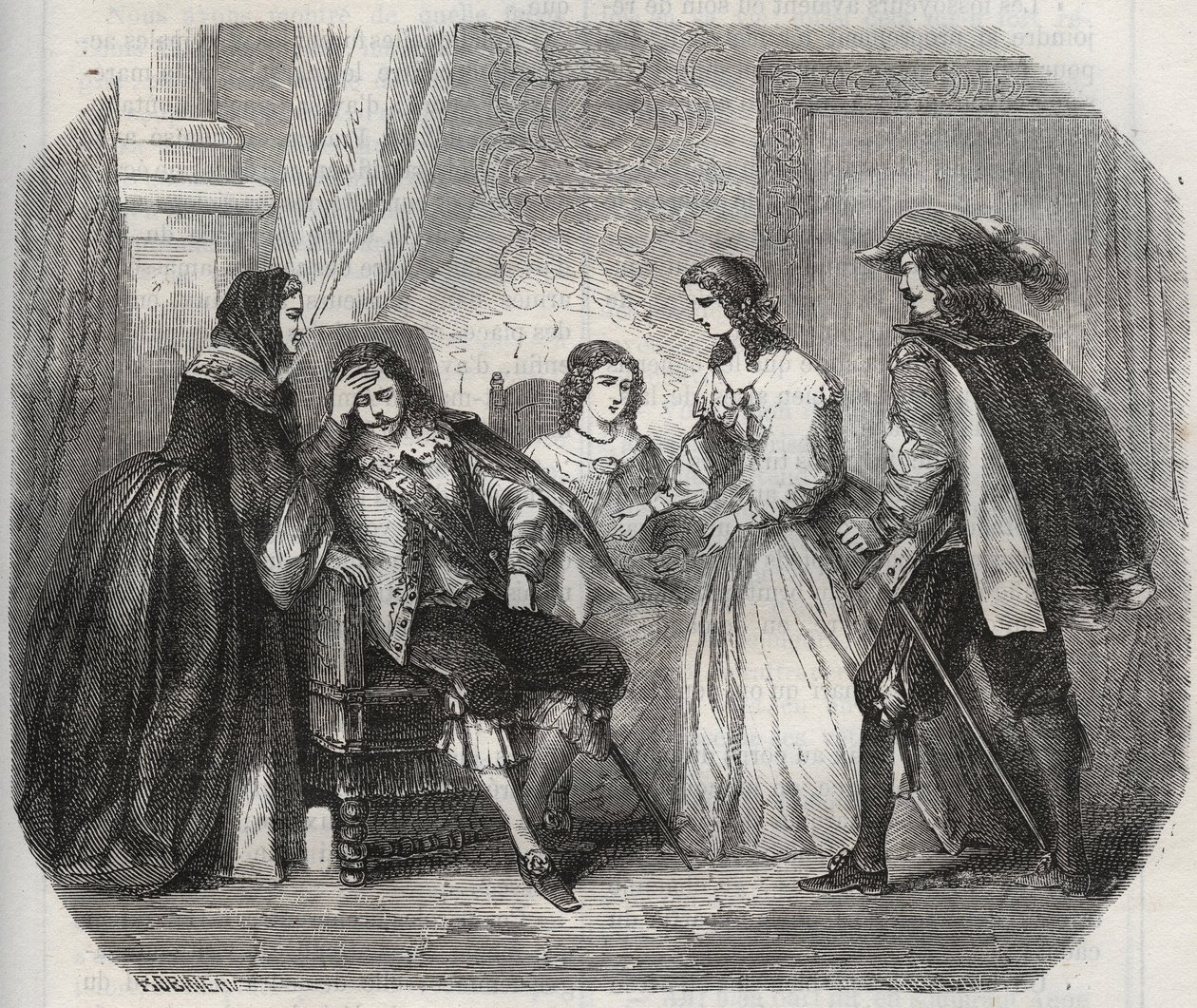 Król Francji Ludwik XIII (1601-1643) zapada na migrenę, gdy rozmawia z królową Anną Austrii (1601-1666). Grawer z 1871 r. w „Histoire Des Cocus Celebres” Henry
