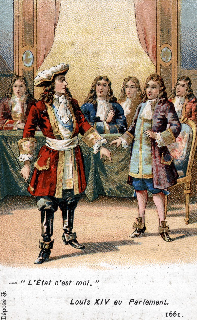 Król Francji Ludwik XIV oświadczył w parlamencie w 1661 roku: „Państwo to ja!” Chromolitografia XIX wieku. autorstwa French School