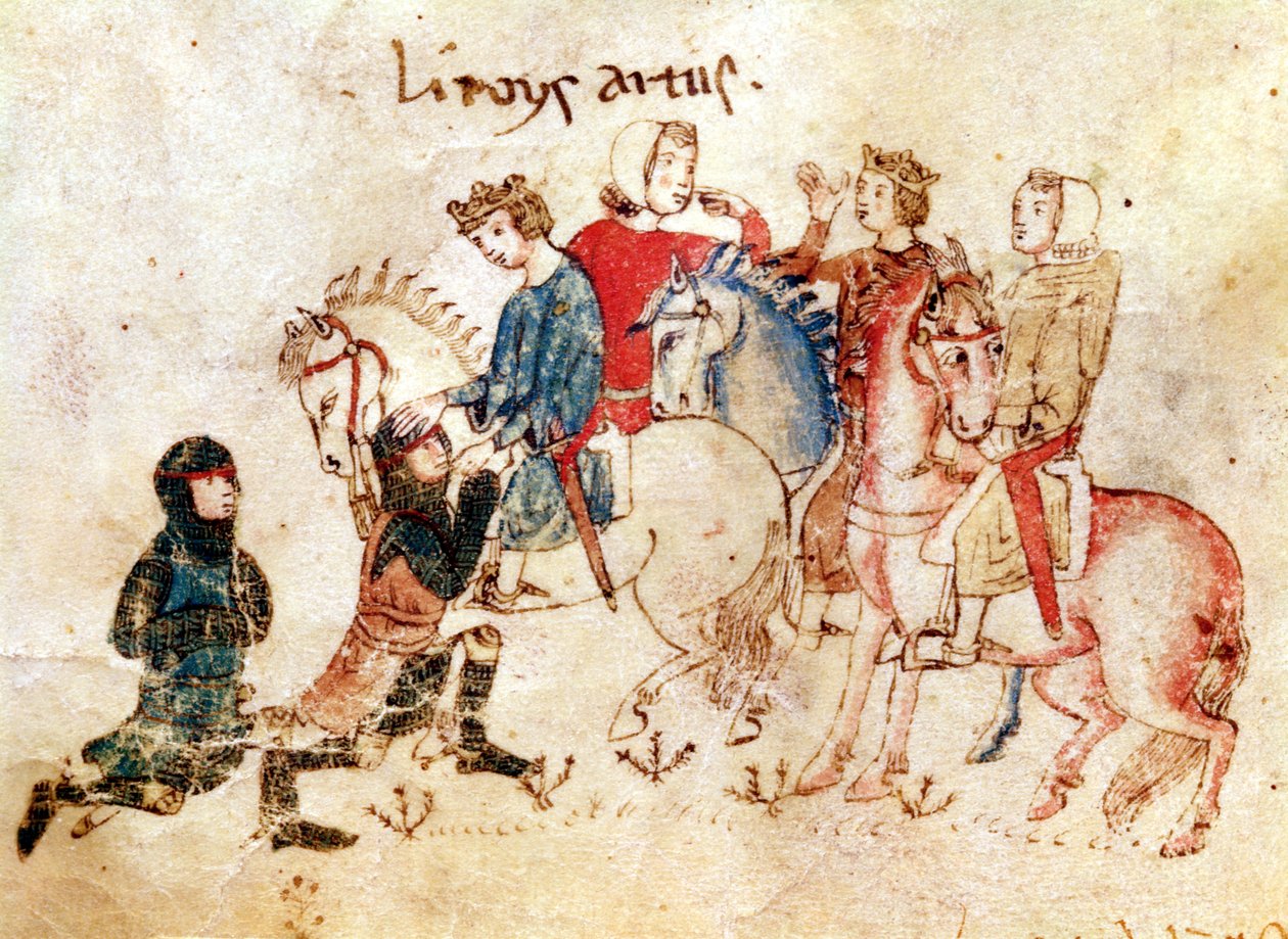 Rycerze Esclabor i Arphasar oferują swoje usługi królowi Arturowi z Roman de Meliadus autorstwa French School