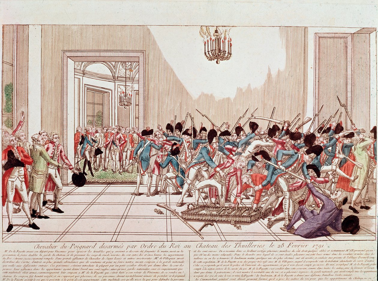 Rycerze Aggardu rozbrojeni na rozkaz króla w Pałacu Tuileries, 28 lutego autorstwa French School
