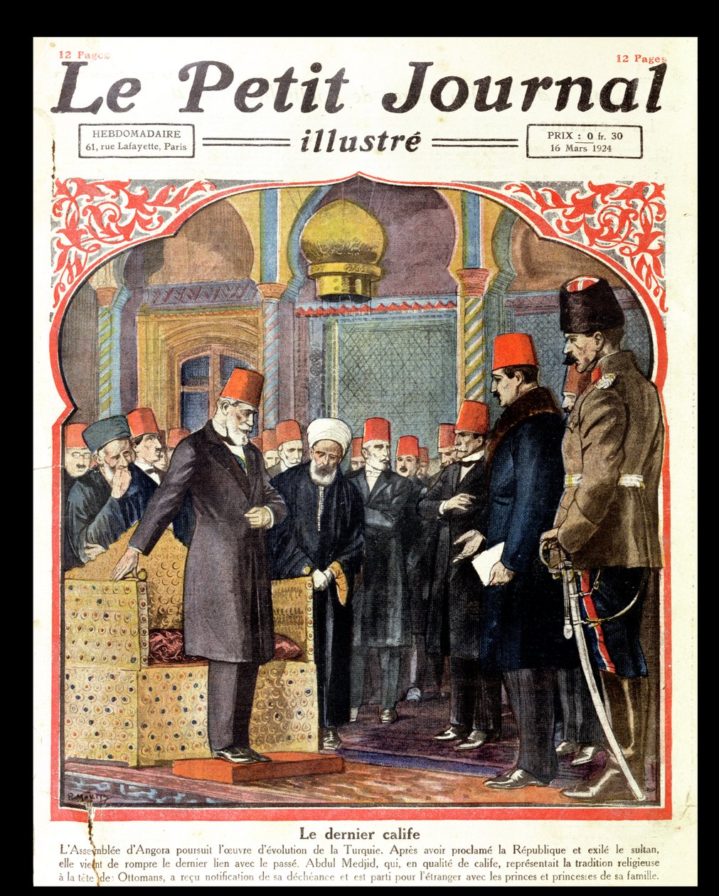 Ostatni kalif, Abdul Majid II (1868-1944) zdetronizowany przez Zgromadzenie w Ankarze, z Le Petit Journal, 1924 autorstwa French School