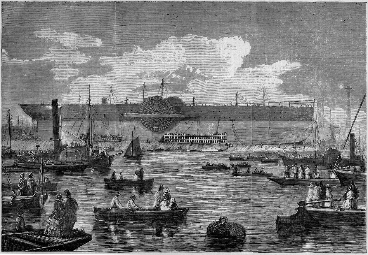 „Lewiatan” (Wielki Wschód), pierwszy gigantyczny liniowiec, podczas próby wystrzelenia go w 1857 r. Grawer „”Le Monde Illustré” nr 31 z 14 listopada 1857 r. autorstwa French School