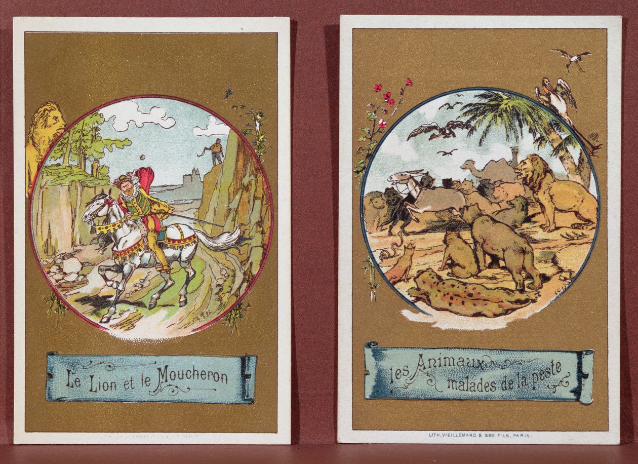Lew i muszka oraz zwierzęta chore na dżumę z „Fables de La Fontaine” (kolorowy grawerunek) autorstwa French School
