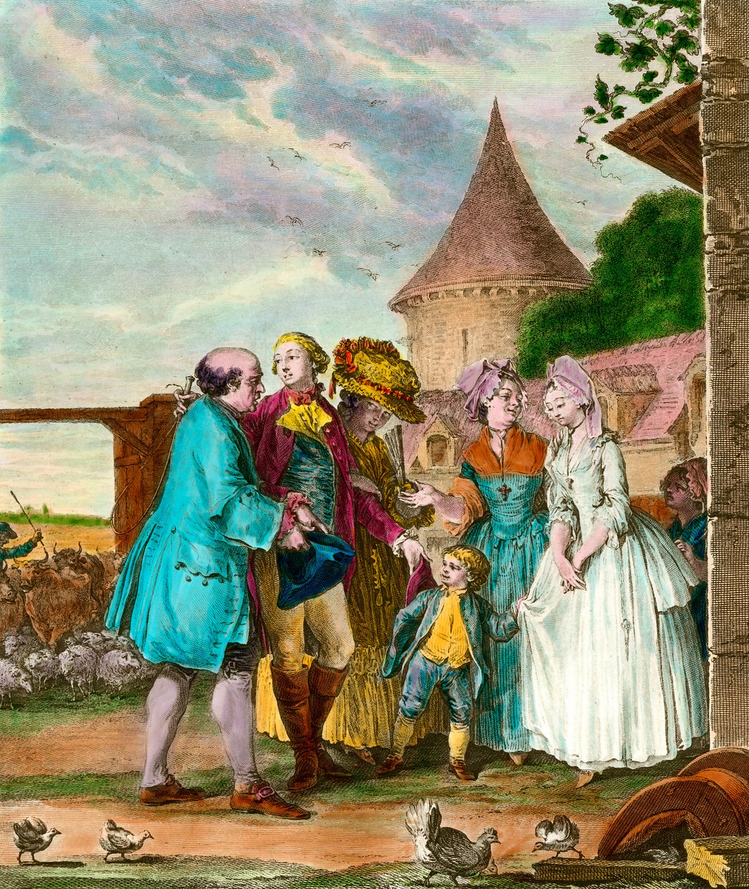 Pan i jego rolnik. Grawer z XVIII wieku. Prywatna kolekcja. autorstwa French School