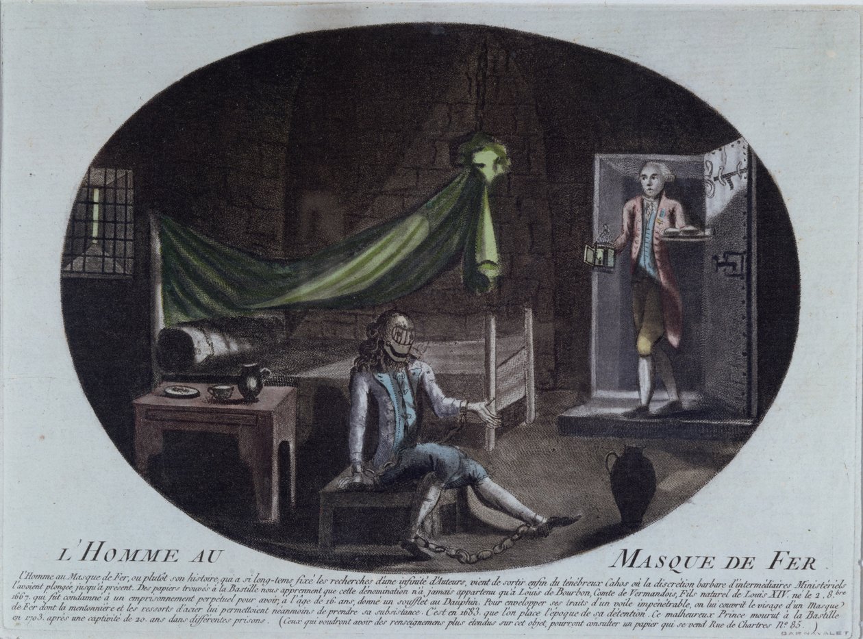 Człowiek w żelaznej masce (zm. 1703) uwięziony w Bastylii, druk z lat 1789-90, który identyfikuje go jako Ludwika de Bourbon, hrabiego de Vermandois, syna Ludwika XIV (1638-1715) i Ludwiki de la Valliere (16 autorstwa French School
