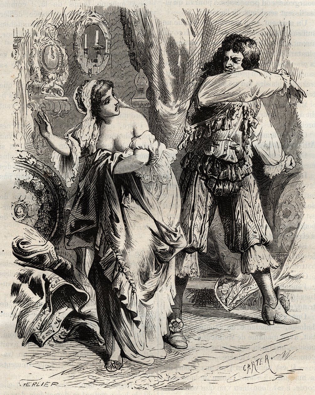 Markiz Montespan, Louis Henri (Louis-Henri) de Pardaillan de Gondrin (1640-1691), spoliczkował swoją żonę, markizę Montespan (Francoise Athenais) przez Rochechouart Mortemart (lub Madame de Montespan) (1640-1707), za odmówiła mu na rozkaz Ki autorstwa French School