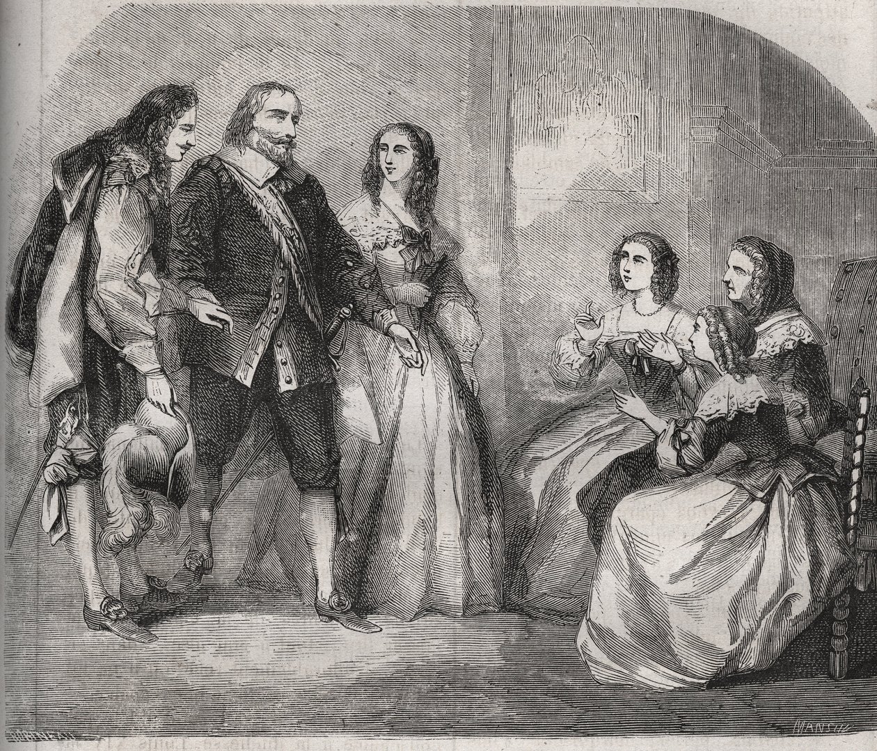 Markiz Montespan, Louis Henri (Louis-Henri) de Pardaillan de Gondrin (1640-1691) (po lewej) przyszedł oświadczyć się za małżeństwo Francoise Athenais (Francoise-Athenais) z Rochechouart Mortemart (wtedy markiz de Montespan lub Madame). przez Montespan autorstwa French School