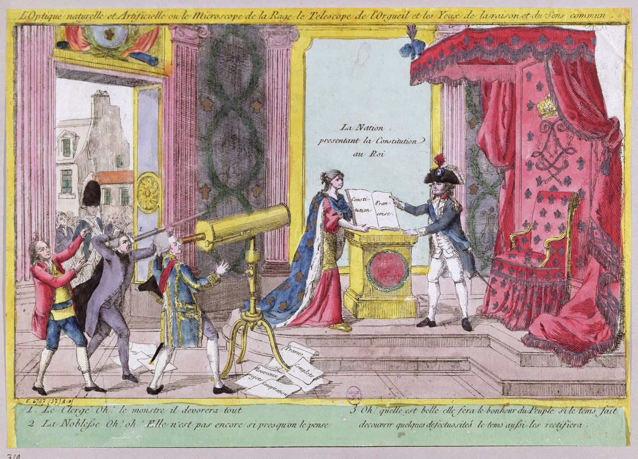 Mikroskop gniewu, teleskop dumy i oczy rozsądku i zdrowego rozsądku, karykatura reakcji szlachty i duchowieństwa na konstytucję francuską, ok. 1791 r. autorstwa French School