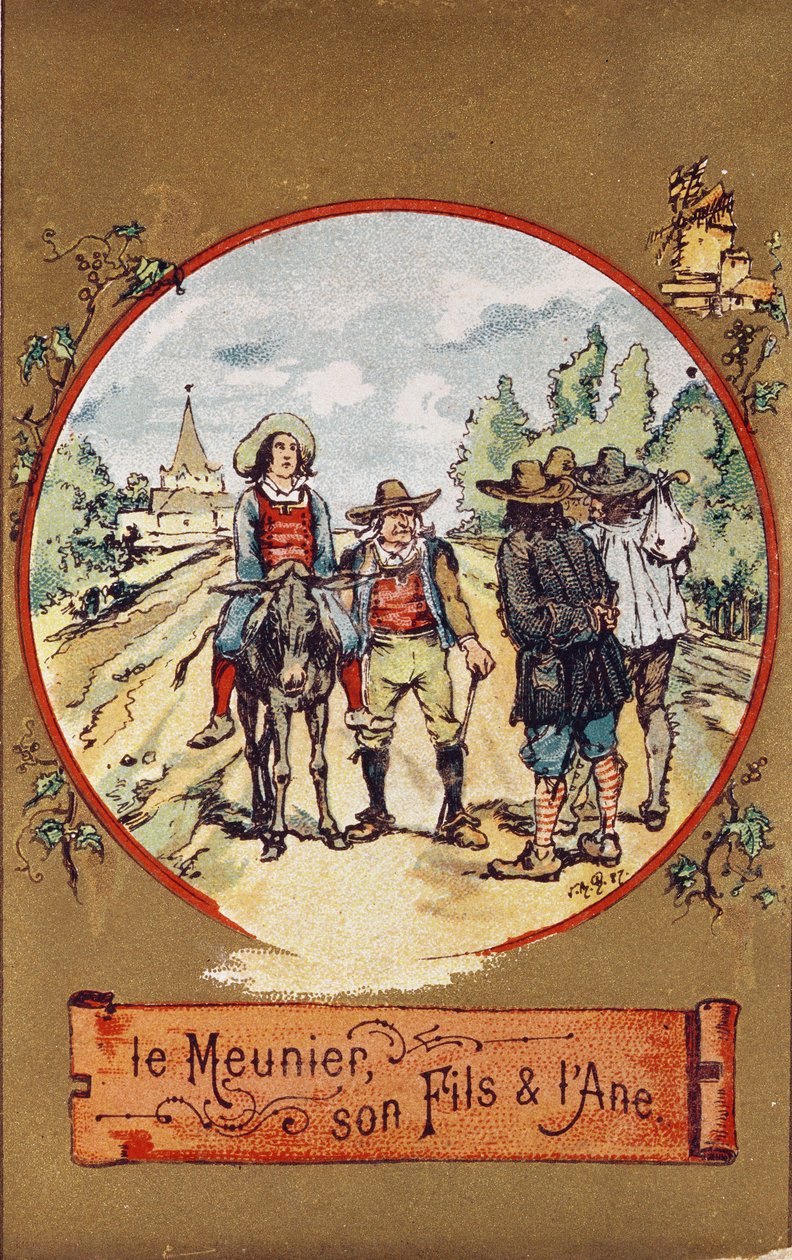 Młynarz, jego syn i osioł, ok.1880 (kolorowa grawerunek) autorstwa French School